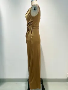 Sleeveless high waist split slim fit evening party dress, elegant solid color gown.