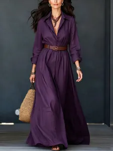 Detailed view of the purple cotton-linen maxi shirt dress highlighting the chic brown belt.