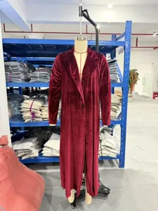 Burgundy velvet long coat for women, stylish lapel knee-length outerwear for autumn winter daily.