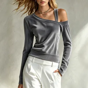 Stylish grey corduroy asymmetrical strap long sleeve top for women, elegant autumn casual blouse.