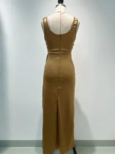 Detail view of the elegant sleeveless high-waist maxi evening dress with a back slit.
