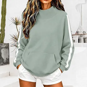 Stylish women mock neck ribbed sweatshirt featuring casual side stripes and front pocket details.