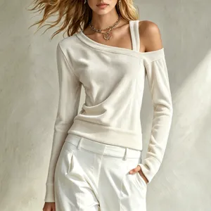 Women off-shoulder long sleeve ribbed top stylish asymmetric one shoulder casual blouse shirt