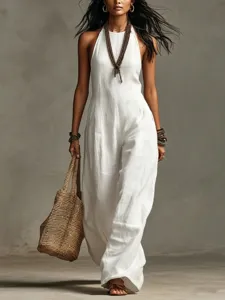White sleeveless linen blend jumpsuit for women summer casual fashion elegant chic outfit.