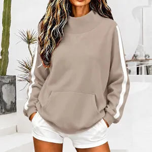 Women's casual turtleneck sweatshirt featuring stylish white side stripes and a cozy front pocket.