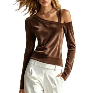 Women's brown corduroy off-shoulder long-sleeve t-shirt with single strap and stylish design.