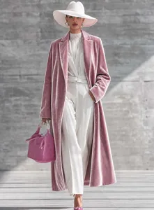 Pink velvet long coat detail featuring elegant lapel design and premium knee-length texture.