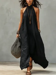 Elegant black halter long dress for women, bohemian crinkled loose resort maxi dress.