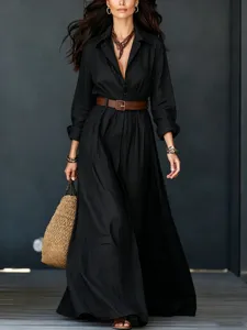 Women's Long Sleeve Black Cotton Linen Shirt Dress with Belt Maxi Outfit New 2026