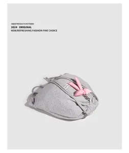 Sac à dos à cordon gris en jersey avec un joli nœud rose, sac décontracté et léger.