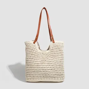 Large Capacity Woven Tote Bag For Women Casual Vacation Beach Shoulder Bag Hollow Out Stylish Handbag