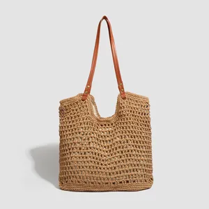 Woven straw tote shoulder bag for women, large capacity summer beach casual handbag.