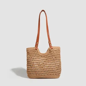 Summer casual straw woven tote bag large capacity fashion leather shoulder bag for women