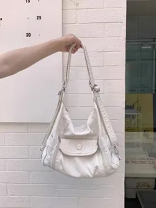 Stylish white soft leather motorcycle shoulder bag, casual hobo tote with adjustable strap.