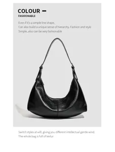 Schwarze elegante Leder Baguette Umhängetasche für Damen, modische Achseltasche für den Alltag.