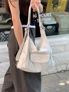White soft leather hobo shoulder bag, large capacity casual tote bag with adjustable strap.