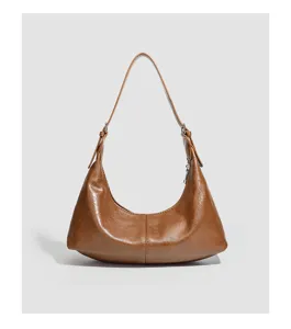 Braune PU Leder Baguette Umhängetasche für Damen, schicke Halbmond Achseltasche chic.