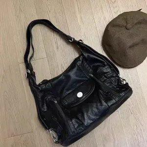 Women's PU Leather Shoulder Bag Vintage Motorcycle Style Underarm Tote Large Capacity Casual Daily Crossbody Bag