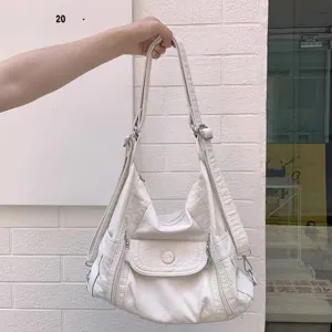 White leather motorcycle shoulder bag, trendy hobo tote with adjustable strap and pockets.