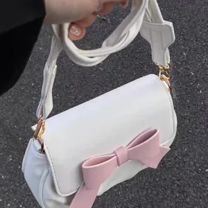 Women white shoulder bag with pink bow sweet crossbody bag stylish cloud bag daily fashion accessory