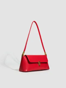 Red French retro style minimalist underarm bag, elegant PU leather shoulder bag detail view.