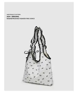 Korean sweet style polka dot bow canvas tote bag ruffles shoulder bag commute