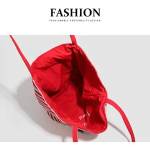 Red and white striped canvas tote bag, large capacity casual single shoulder bag for women.