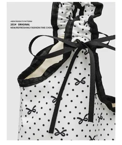 Canvas polka dot handbag with bow ruffle drawstring design for women daily commute
