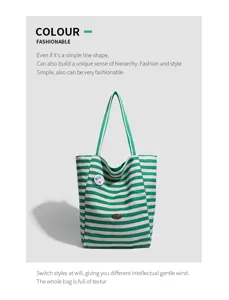 Green and white striped canvas tote bag detail view, casual large capacity shoulder bag
