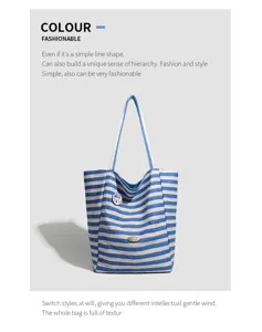 Detailed view of the blue and white striped canvas tote bag, featuring sturdy shoulder straps.