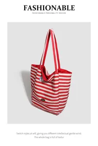 Red and white striped canvas tote bag, large capacity casual shoulder bag for women daily commute.
