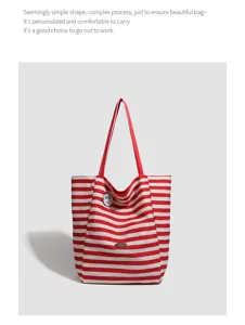 Red and white striped canvas tote bag detail showing large capacity, casual style, and durable fabric.
