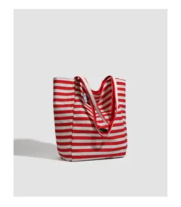 Red and white striped canvas tote bag, large capacity casual shoulder bag for women daily commute.