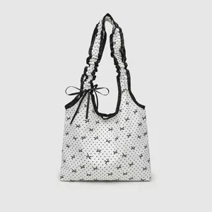 Korean Niche Polka Dot Canvas Tote Bag Sweet Girl Drawstring Pleated Handbag Student Casual Daily Shoulder Bag