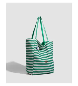Green and white striped canvas tote bag for women, large capacity casual daily shoulder bag.