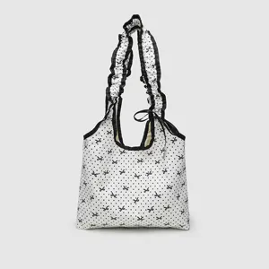 Korean style bow polka dot canvas shoulder bag sweet girl casual ruffled handbag daily commute