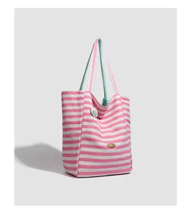 Casual pink white striped canvas tote bag, large capacity shoulder bag with double-sided design.