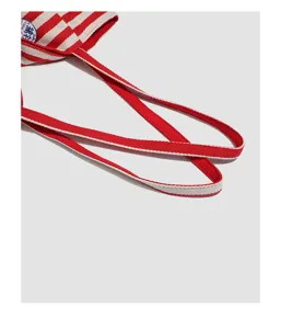 Detail shot of red and white striped canvas tote bag strap, durable fabric, minimalist style.
