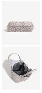 Stylish beige geometric lattice tote bag, versatile single shoulder bag for women daily use.