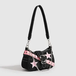 Y2K punk style black canvas shoulder bag with pink star print, metal chain and belt decor.