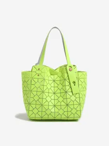 Fashion neon green geometric lattice tote bag for women, stylish single shoulder bag.