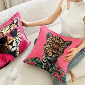 Fodera per cuscino decorativo stile boho tropicale con motivo leopardo per divano.