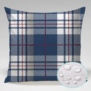 Detailed view of waterproof blue plaid pillowcase fabric, showing excellent water resistance.
