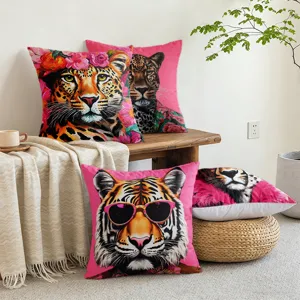 Copricuscino decorativo tropicale bohémien dettaglio con stampe di leopardo e tigre.