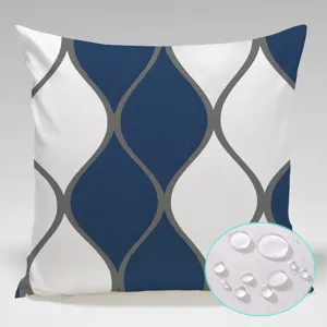 Blue and white geometric waterproof cushion cover detail, outdoor decorative pillow.