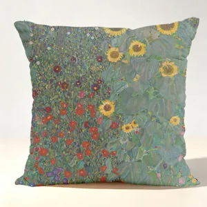 Close-up detail view of the vintage Gustav Klimt oil painting print decorative pillow cover.