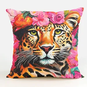 Federa per cuscino decorativo con motivo animale tropicale bohémien e stampa leopardo floreale.
