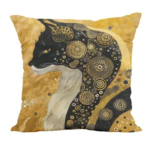 Klimt art print throw pillow cover, decorative black cat design linen sofa cushion 45x45