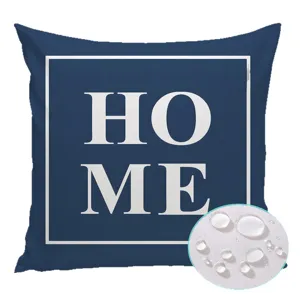 Outdoor waterproof throw pillow cover in deep blue with modern white home typography style.