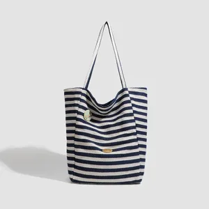 Classic blue and white striped canvas tote bag for women, large capacity shoulder bag.